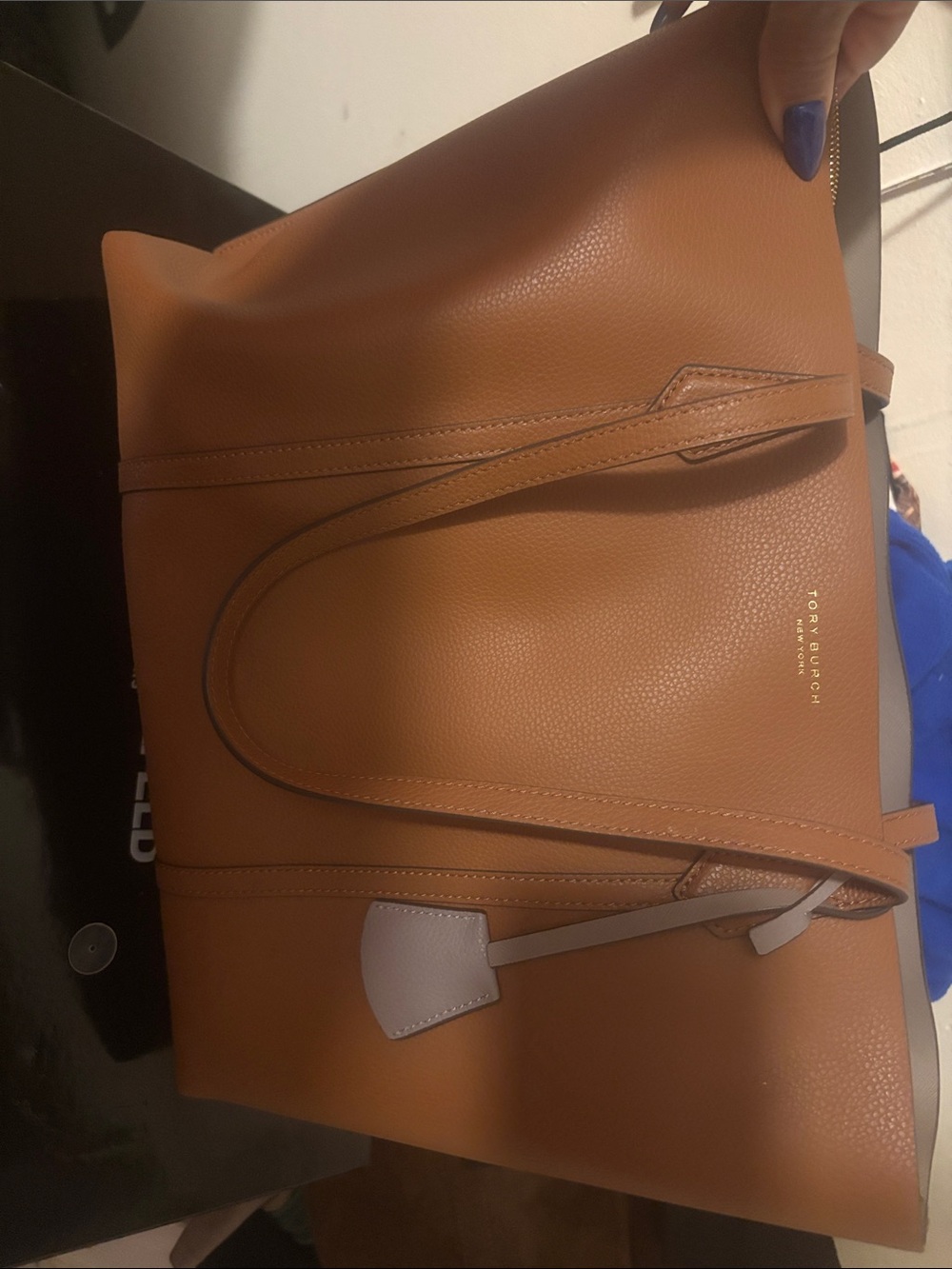 Tory Burch Cognac Pebbled Leather Tote with Accent Tag
